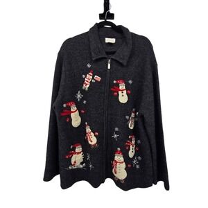 Vintage 90s Wool Skiing Snowman Sweater Cardigan Women MED Gray Flags Embroidery